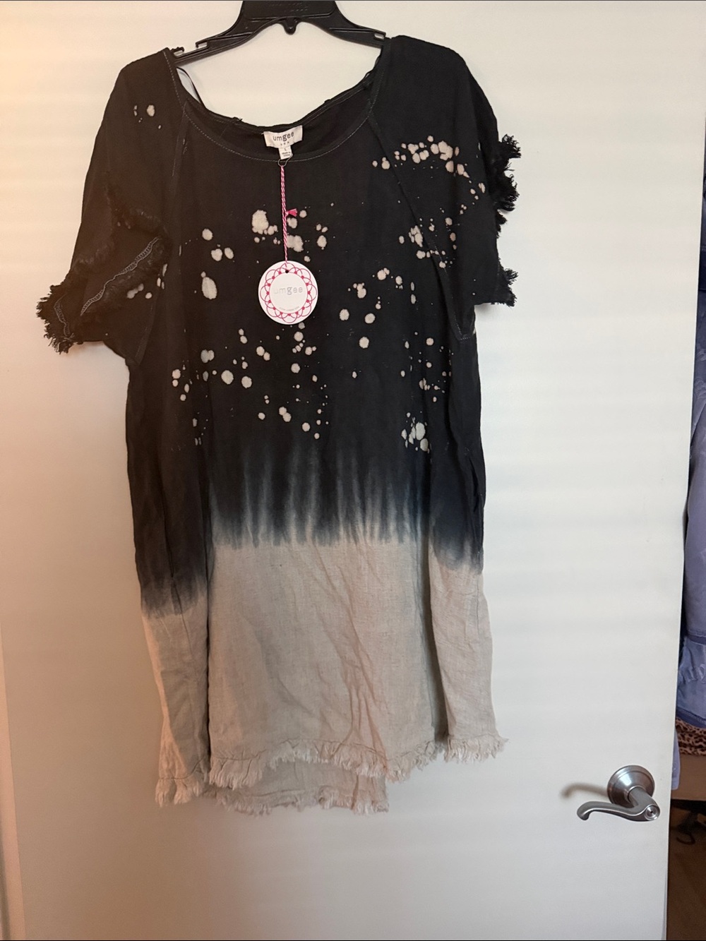 Umgee Black dress with Beige Dip-Dye and Bleach Splatter has pockets